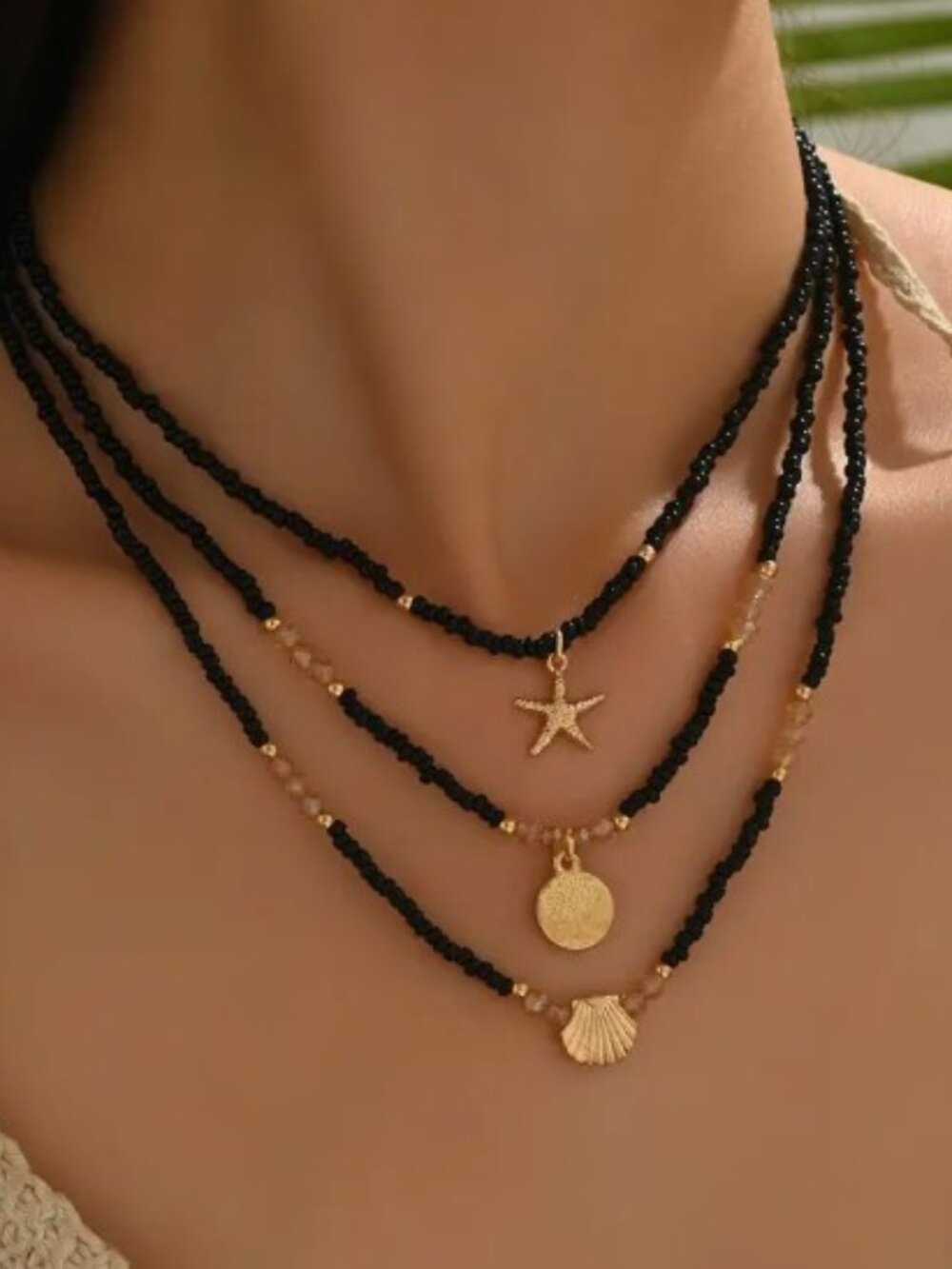3 Pc Choker Necklace Set with Summer Ocean Style Golden Starfish Shell Pendant
